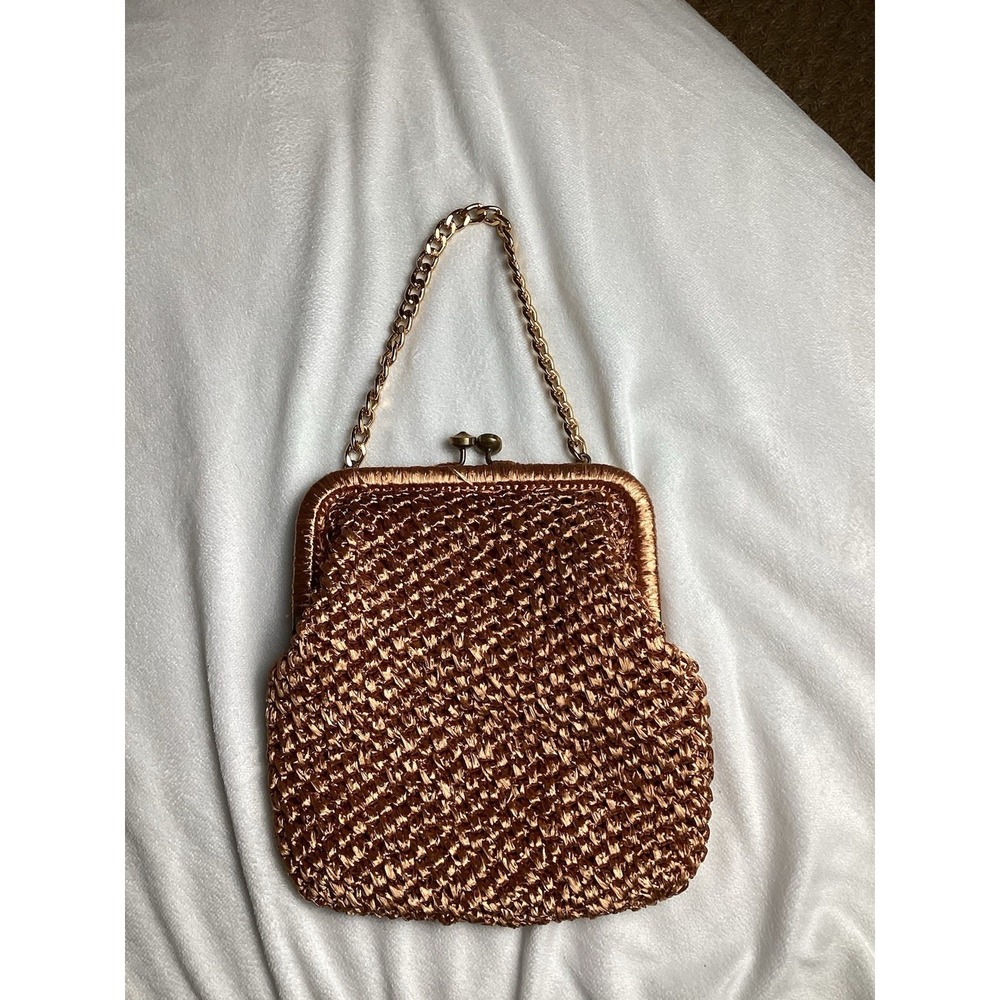 Vintage Made In Italy Copper Metallic Woven Kiss Lock Evening Bag Clutch Purse